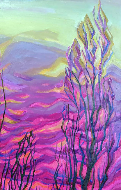 Oil painting Glow by Leonid Pavlenko: abstract trees in pink purple yellow swirls