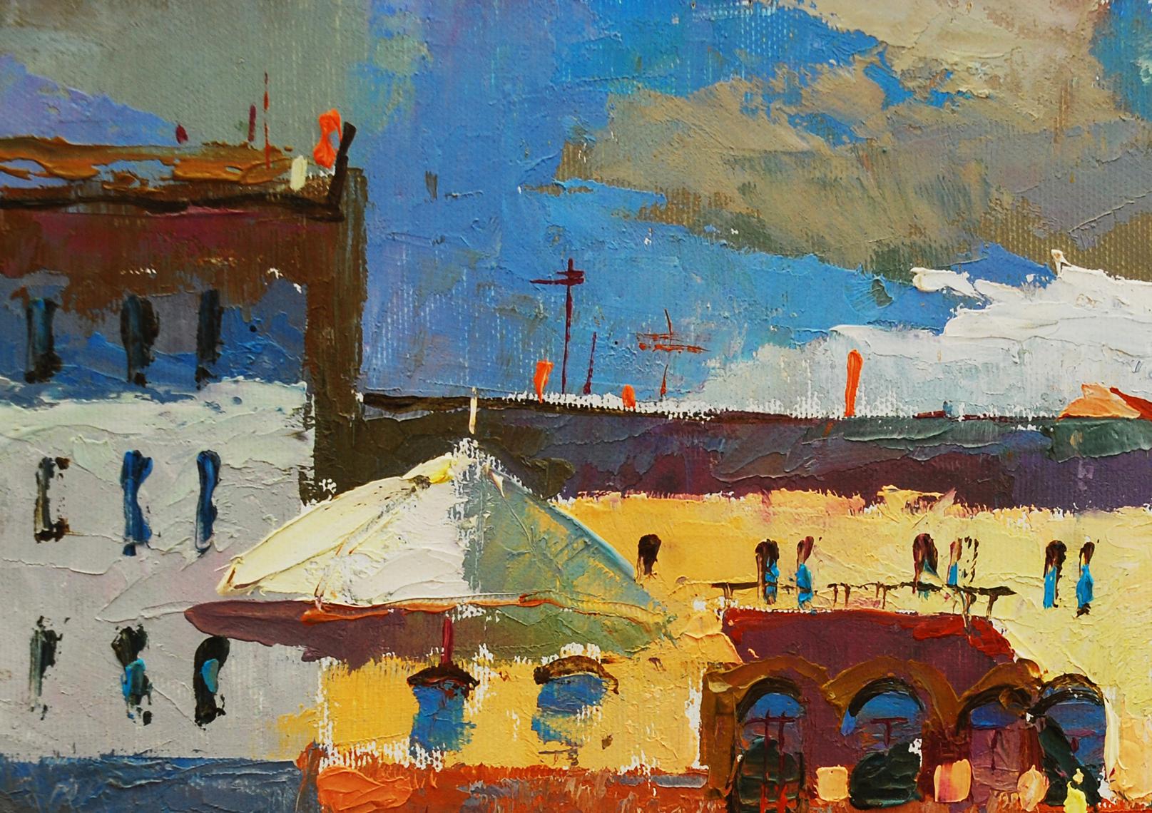Oil painting Summer in the City by Egor Shvachunov, vibrant coastal town
