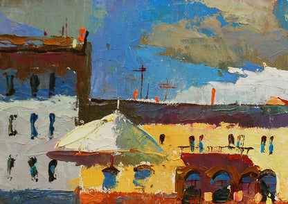 Oil painting Summer in the City by Egor Shvachunov, vibrant coastal town