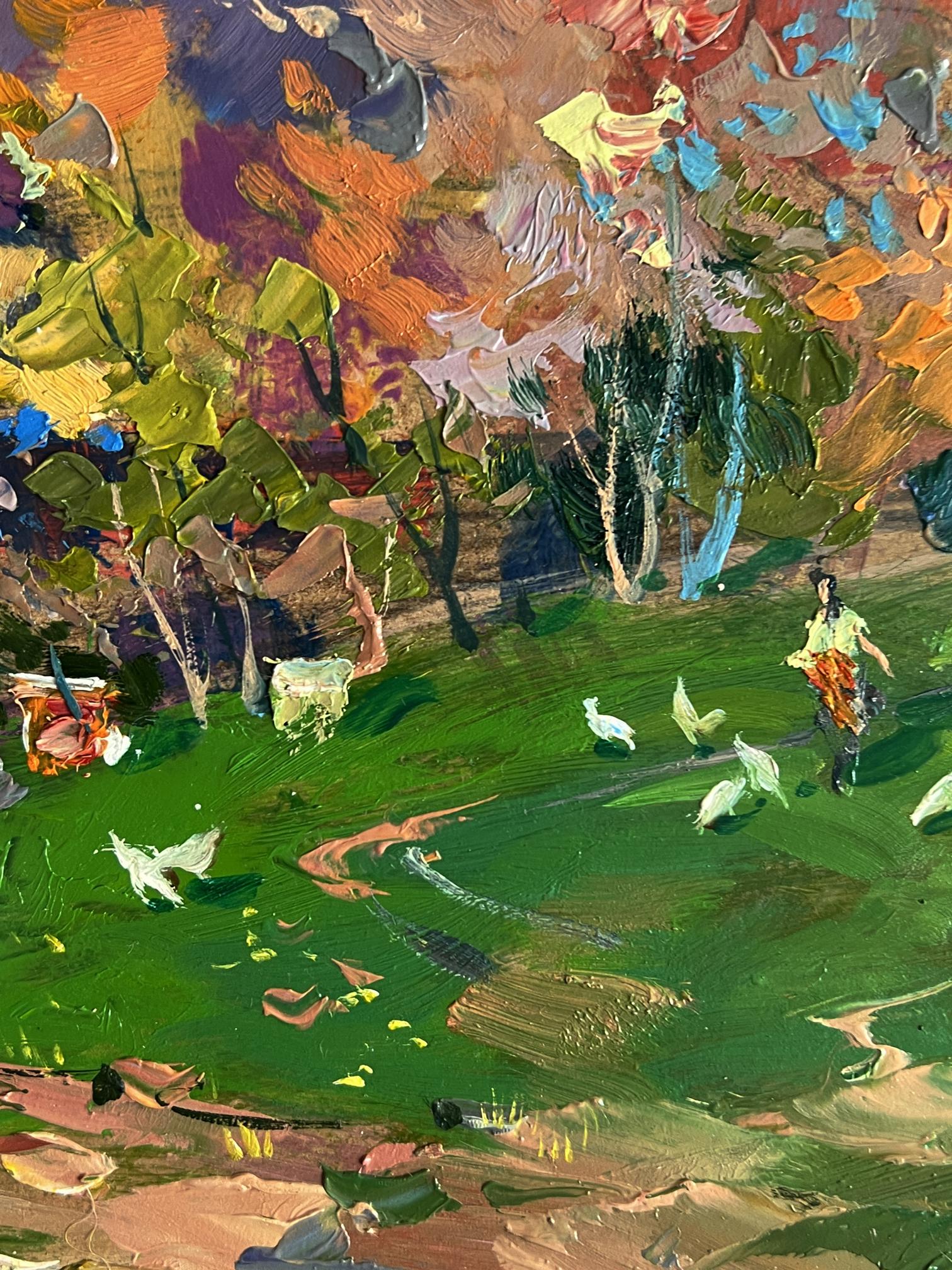 Vibrant impressionist oil painting by Yuriy Suprunchuk of figure in orange dress in lush field