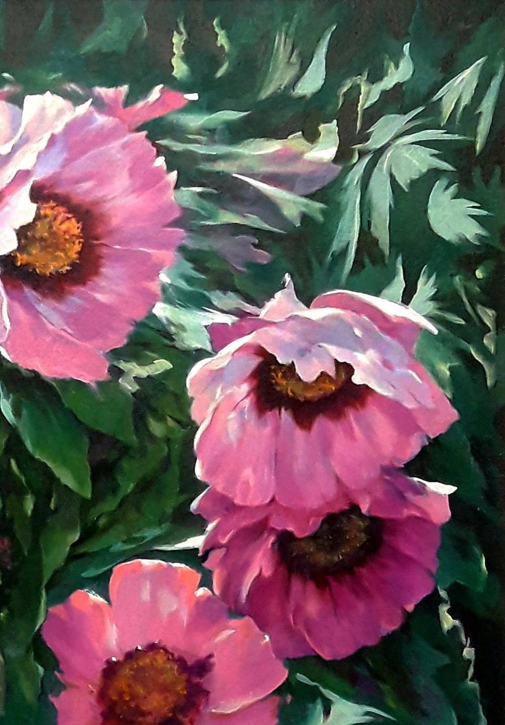 Vibrant pink peonies oil painting by Vasily Korkishko with rich greens