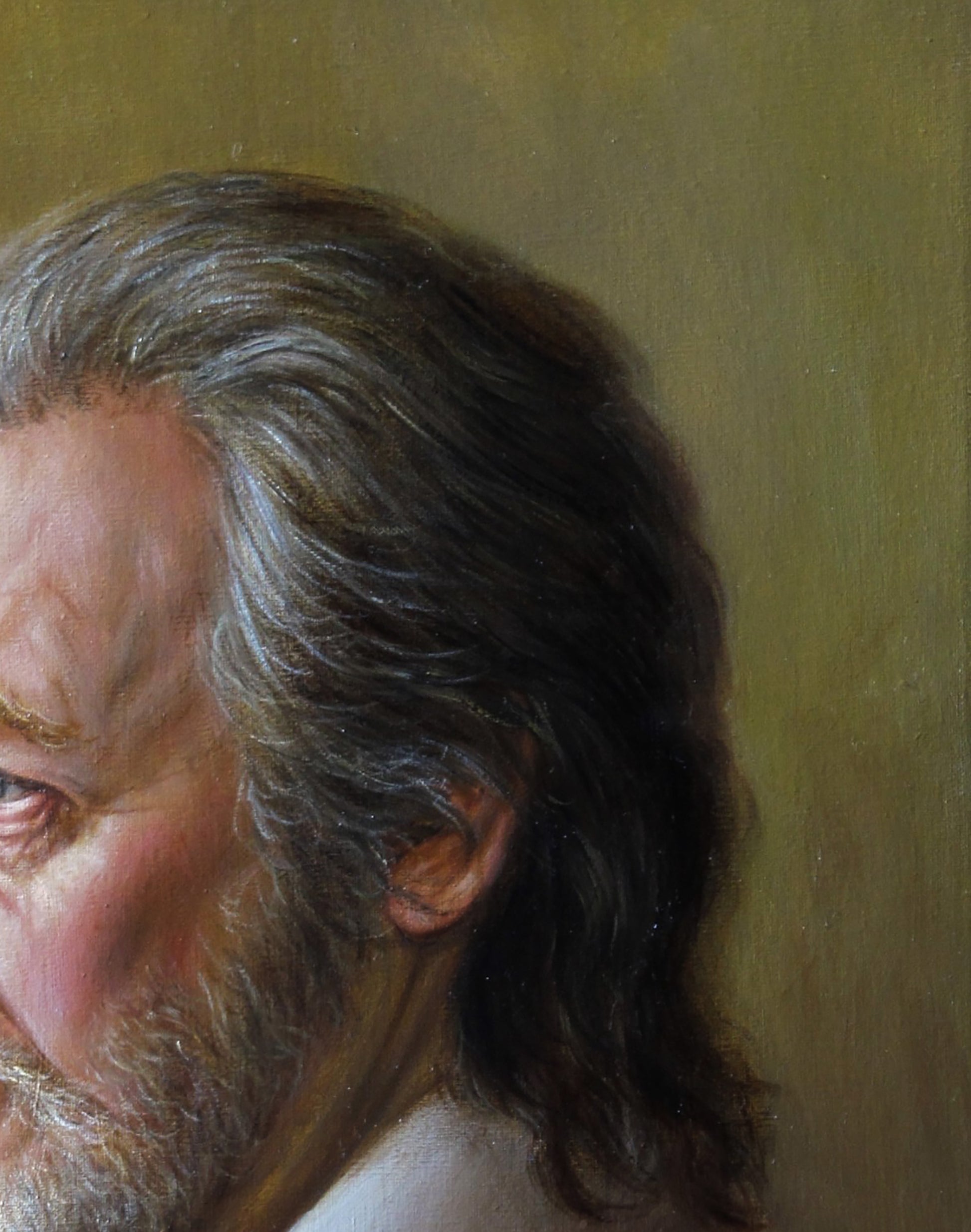 Oil painting Sight Valeriy Bulat portrait of man with long wavy gray black hair beard