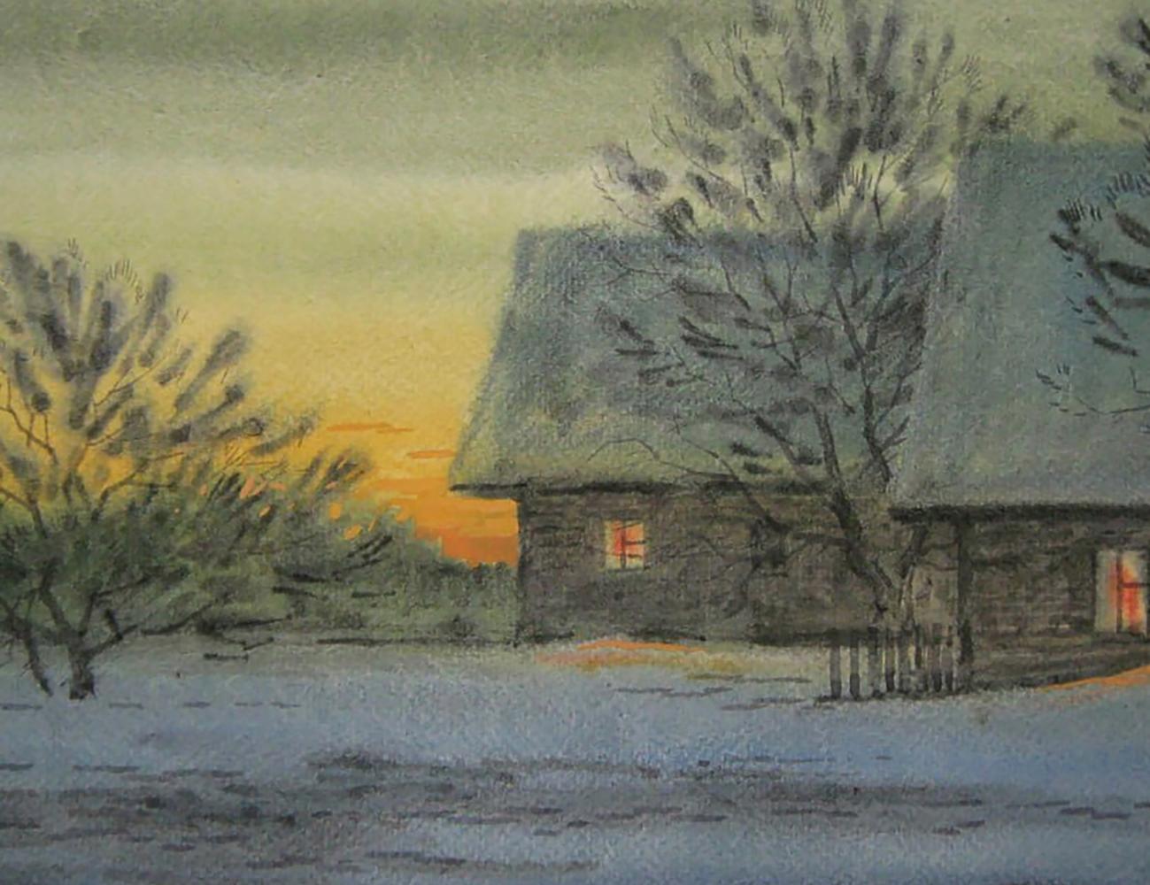 Watercolor painting of rustic stone cottage in snowy village at dusk by Valery Savenets