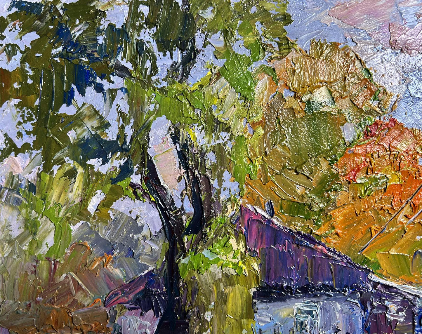 Impasto oil painting September Day by Boris Serdyuk, textured tree foliage
