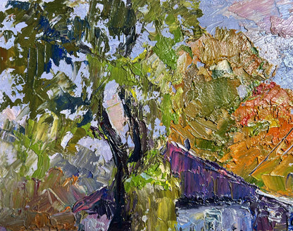 Impasto oil painting September Day by Boris Serdyuk, textured tree foliage