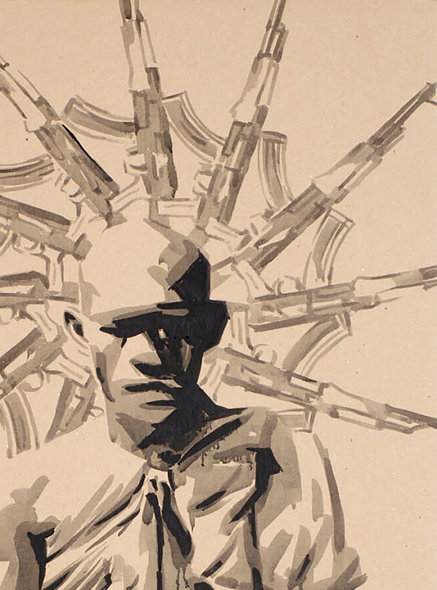 Stylized ink painting Karma by Dima Filatov: man in sunglasses tie with radiating rifles