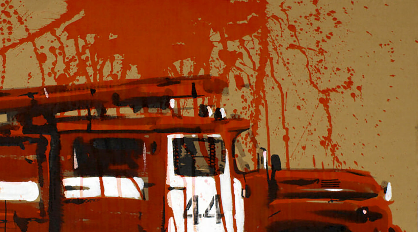 Stylized red and white fire truck number 44, Dima Filatov acrylic painting