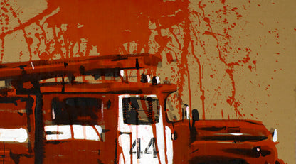 Stylized red and white fire truck number 44, Dima Filatov acrylic painting