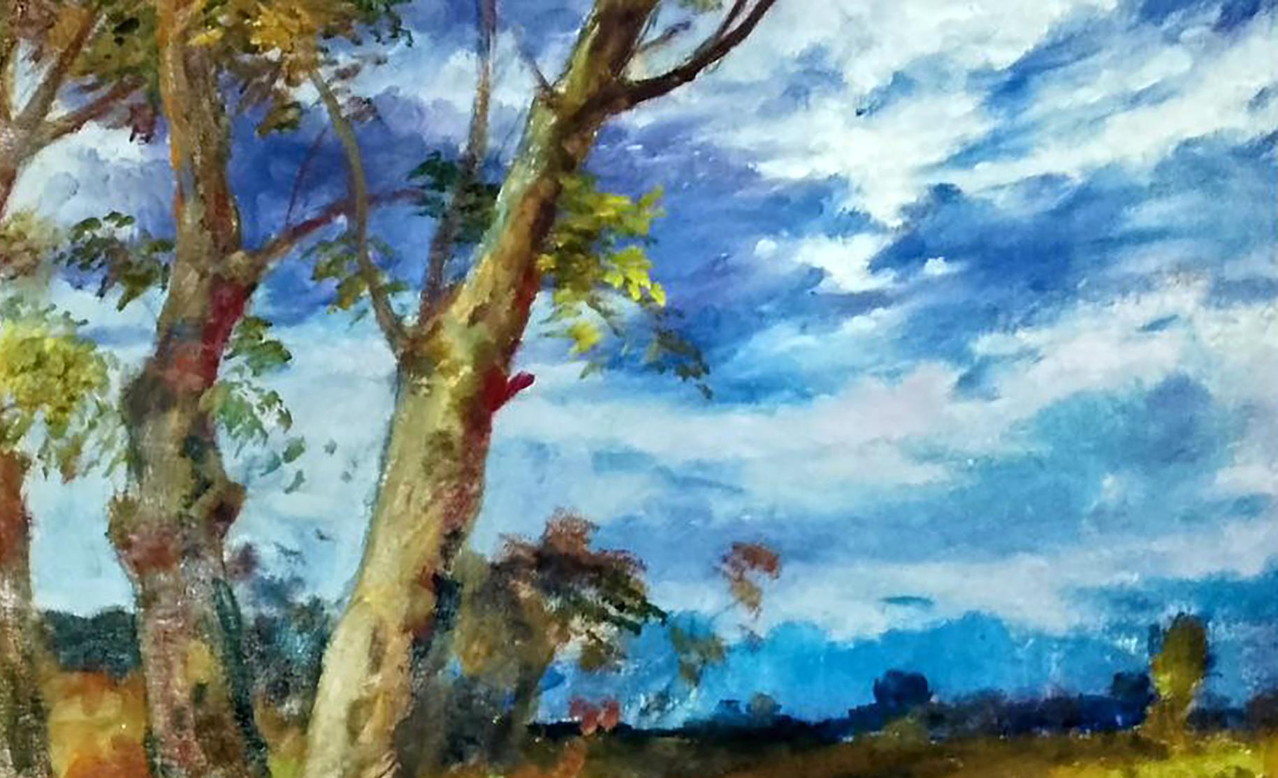 Oil painting of tall trees under dark clouds by Vitaly Duhnevich