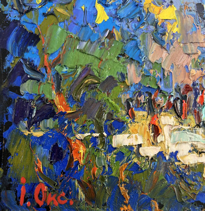 Vibrant impressionist oil painting of church in nature by Oksana Ivanyuk