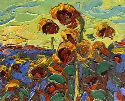 Vibrant impressionist oil painting of yellow sunset over sunflowers by Oleksiy Ivanyuk
