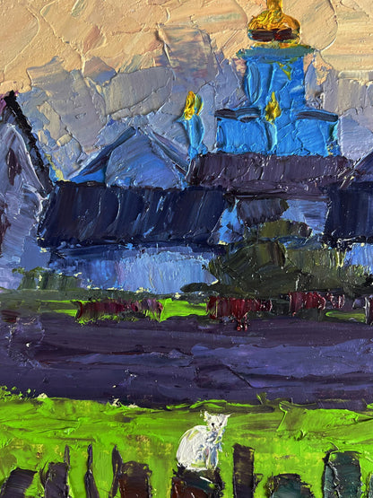 Vibrant impressionist oil painting by Boris Serdyuk: blue church with golden domes