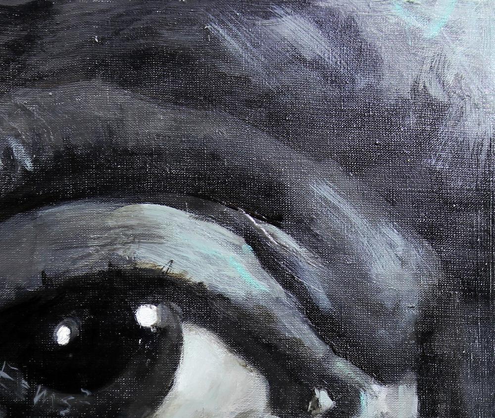 Close-up oil painting of Albert Ed Potapenkov expressive eye with teal lash highlights
