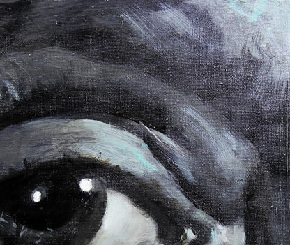 Close-up oil painting of Albert Ed Potapenkov expressive eye with teal lash highlights