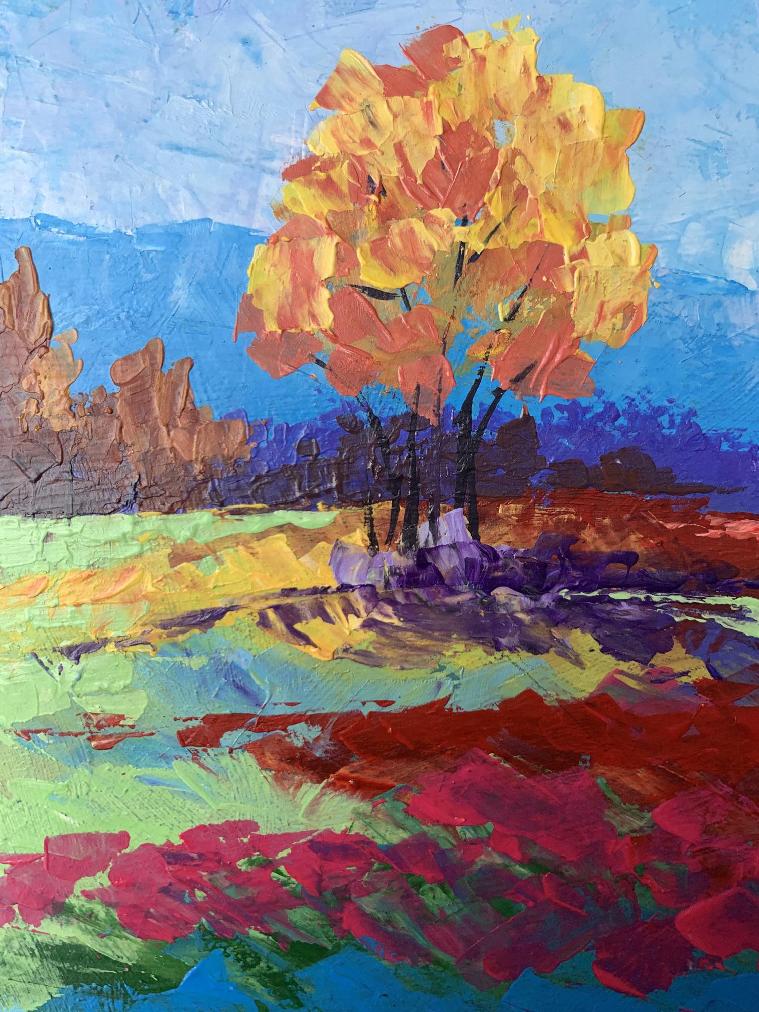 Vibrant impressionist oil painting Autumn lonely tree by V. Zadorozhnya