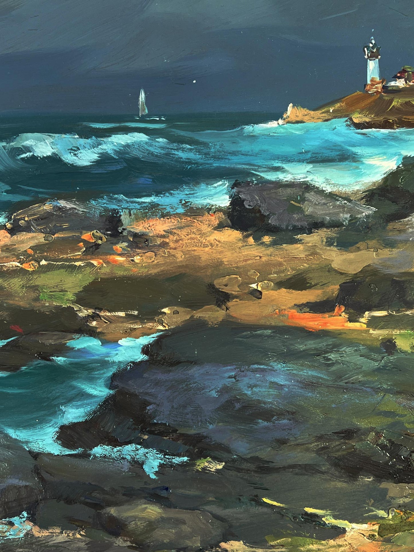 Oil painting of white lighthouse on rocky cliff by Yuriy Suprunchuk
