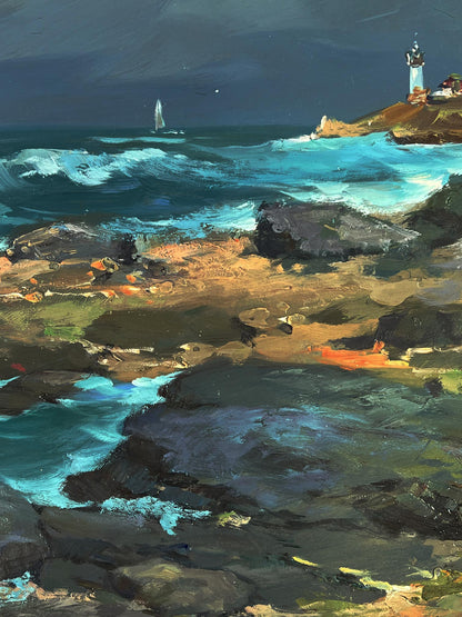 Oil painting of white lighthouse on rocky cliff by Yuriy Suprunchuk