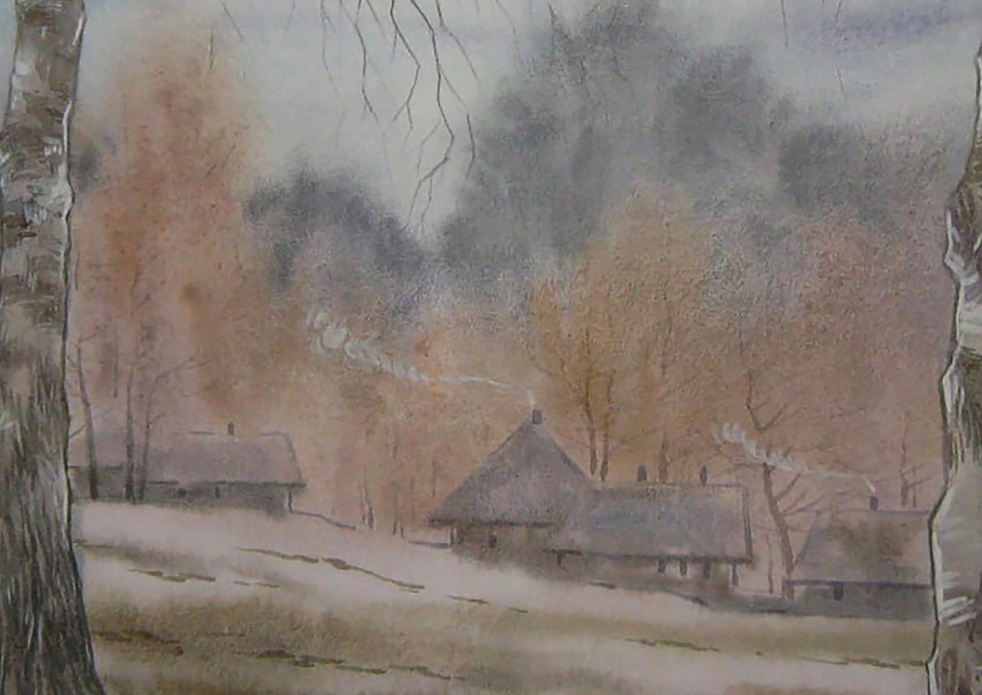 Watercolor painting of snowy village by Valery Savenets