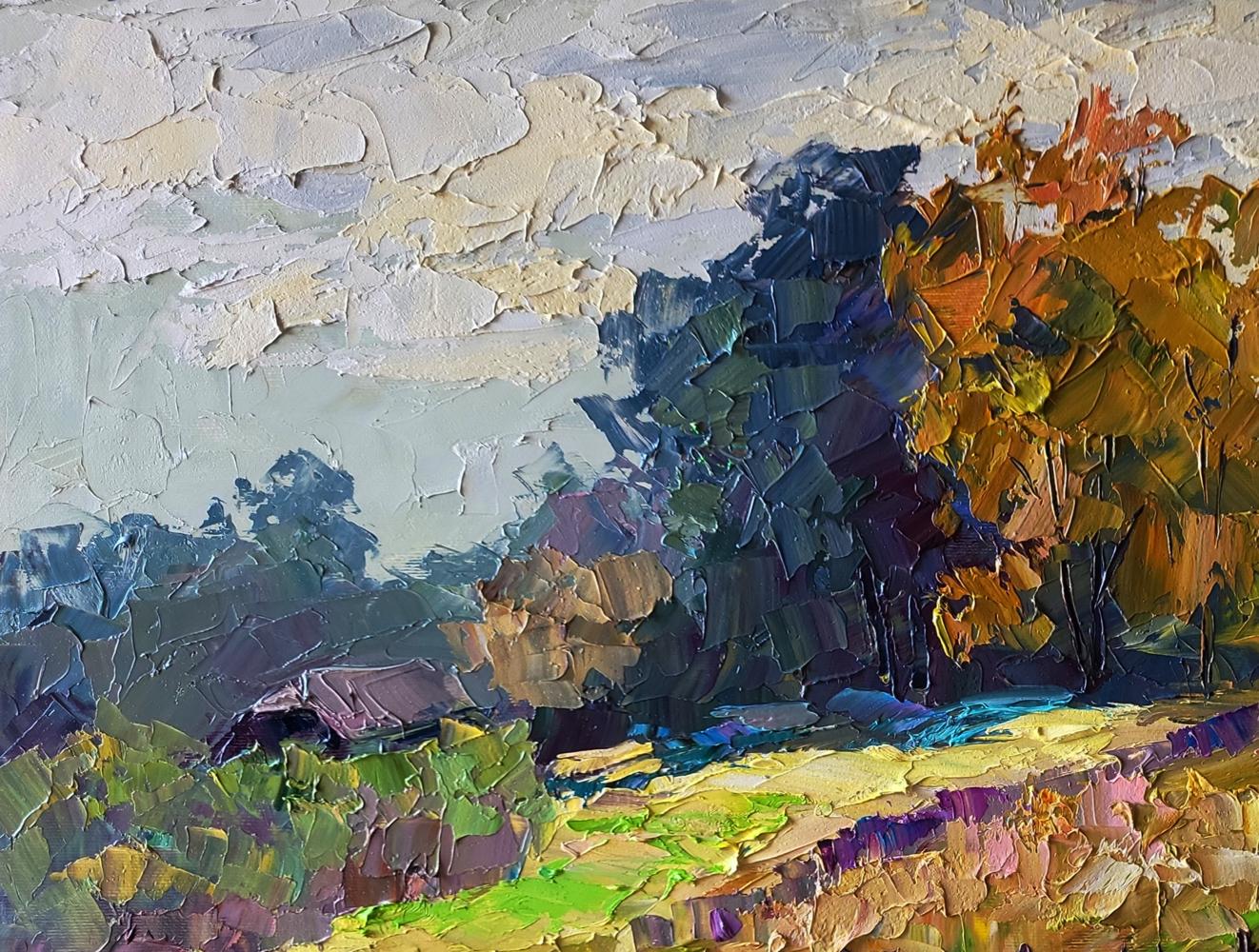 Impasto oil painting of autumn flowers in garden by Boris Serdyuk