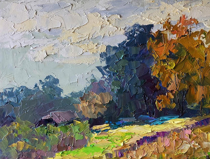 Impasto oil painting of autumn flowers in garden by Boris Serdyuk
