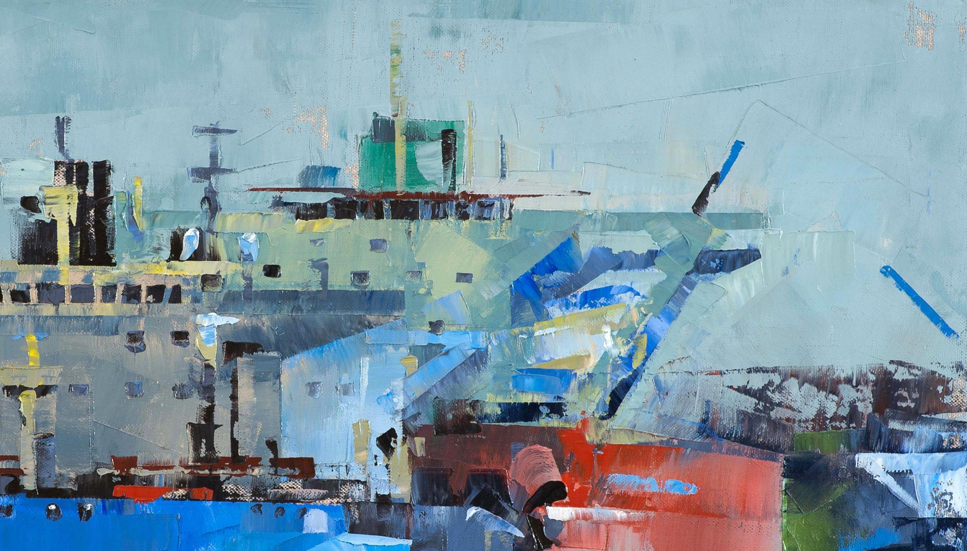 Oil painting Big Ships by Volodymyr Gluhomanyuk: abstract harbor in blues