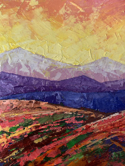 Vibrant Crimson sunset oil painting of textured mountains by V. Zadorozhnya