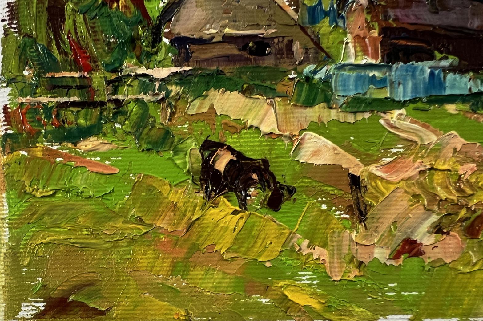Black and white cow in green field, oil painting by Oleksiy Ivanyuk