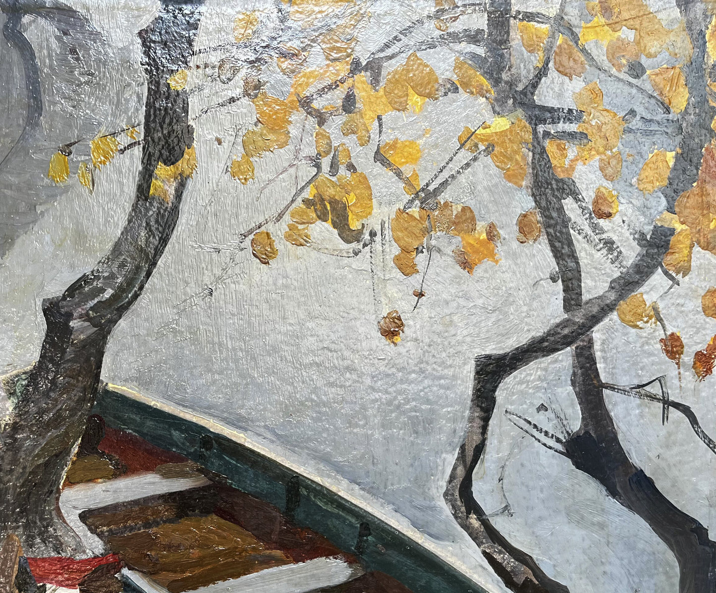 Oil painting Silence by Boris Kolesnik with gnarled trees and golden leaves
