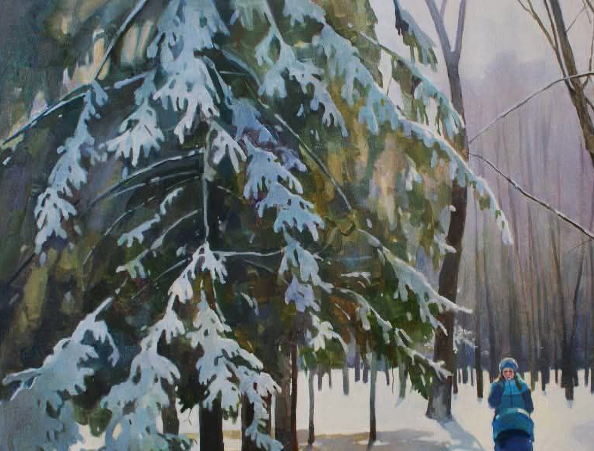 Oil painting by Anastasia Yaroshevich: snow-laden evergreen tree