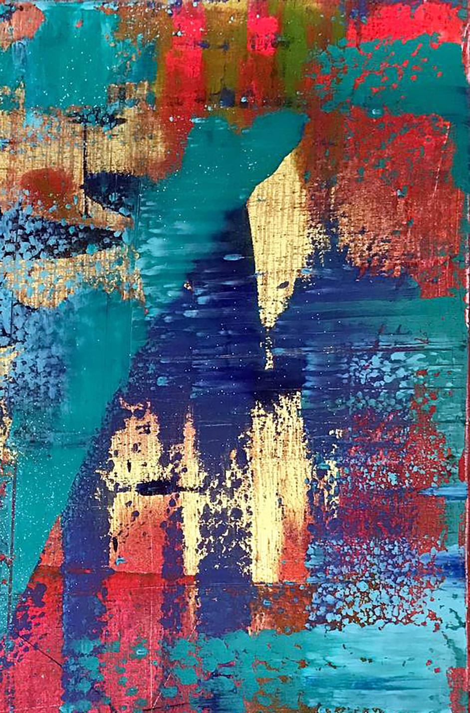 Vibrant Summer Breeze acrylic painting by Olga Melezhik, teal red gold strokes