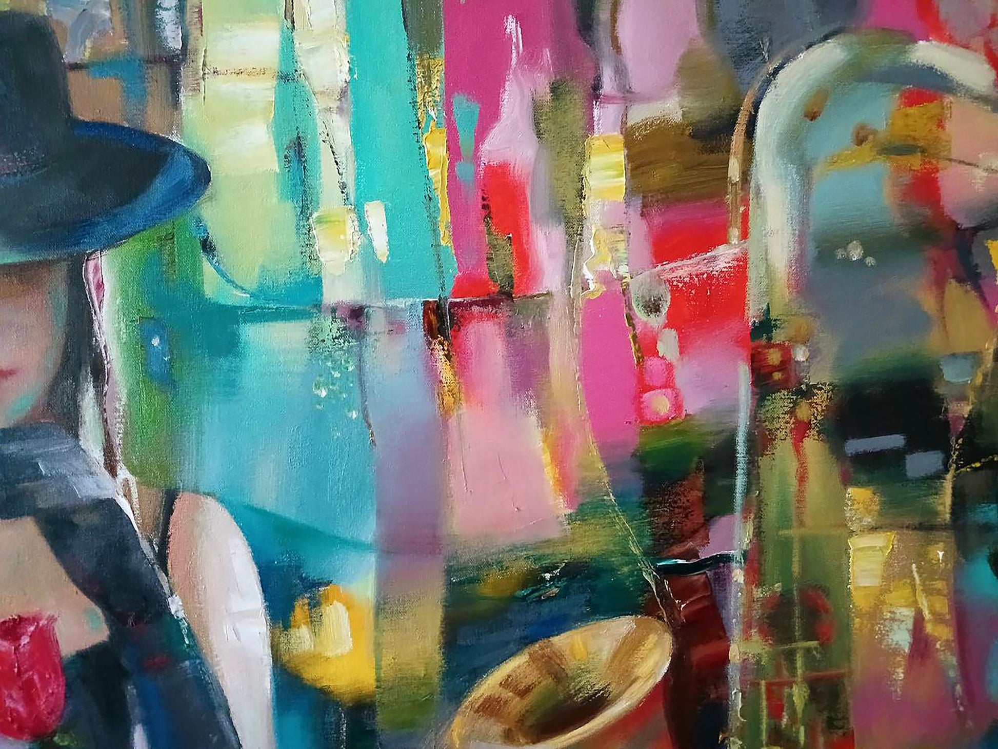 Abstract Evening Blues oil painting by Anatoly Tarabanov with pink teal gold strokes and hatted figure