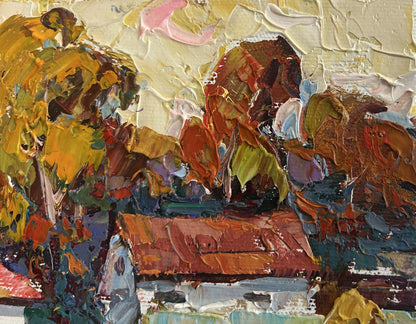 Vibrant Oleksiy Ivanyuk oil painting of autumn yellow sunset in impressionist style
