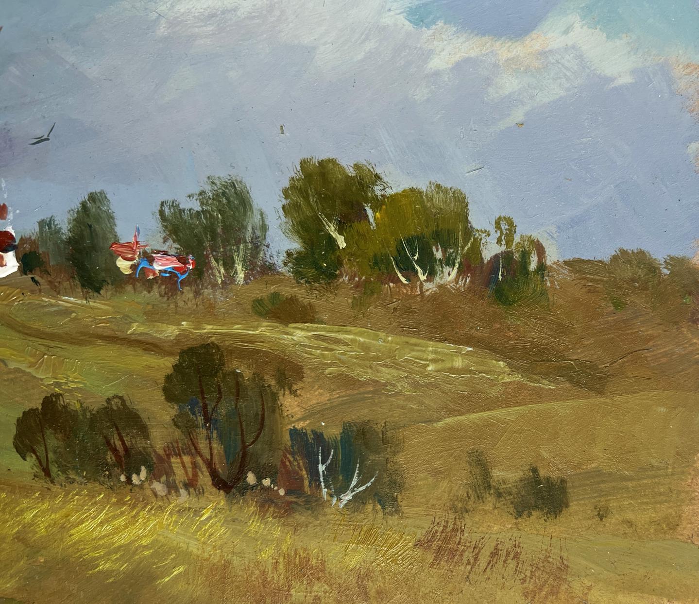 Oil painting of rolling countryside with trees under grey cloudy sky by Yuriy Suprunchuk