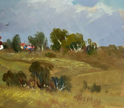 Oil painting of rolling countryside with trees under grey cloudy sky by Yuriy Suprunchuk