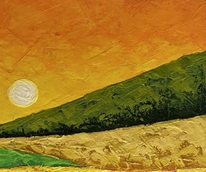 Oil painting by V. Zadorozhnya: blooming trees in vibrant orange sunset hills