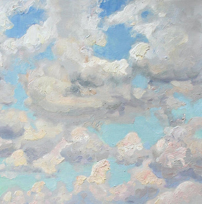 Oil painting In the fields Leonid Pavlenko with fluffy clouds