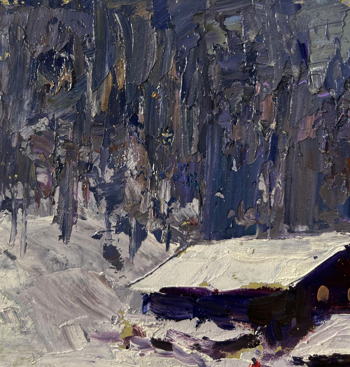 Oil painting Winter village by Boris Serdyuk: snowy landscape with cabin and trees
