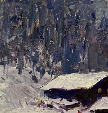 Oil painting Winter village by Boris Serdyuk: snowy landscape with cabin and trees