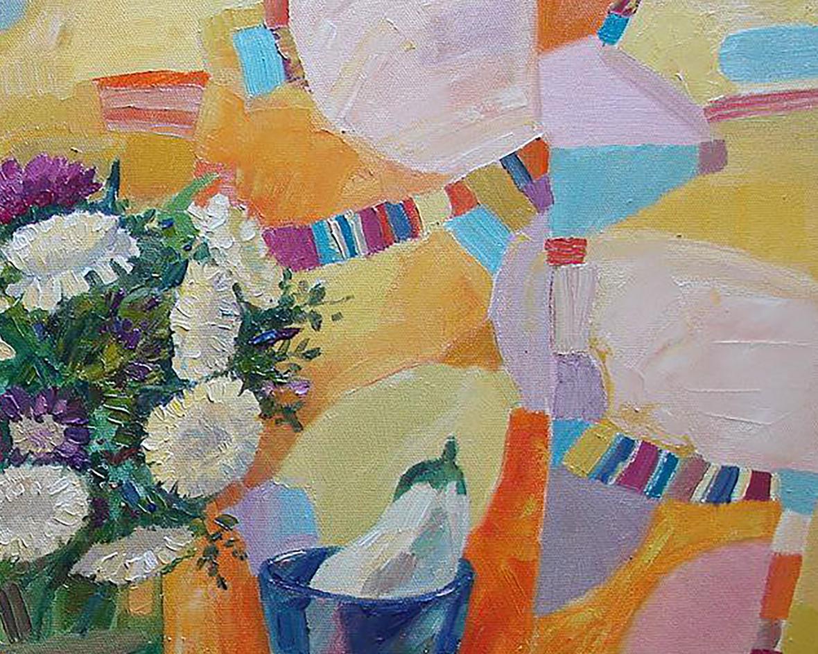 Sunny still life oil painting by Tatyana Shulyak with vibrant flowers