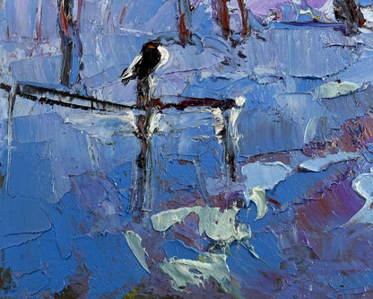 Oil painting Moonlight winter light by Oksana Ivanyuk: bird on branch