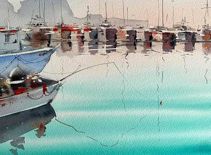 Watercolor painting Dock with Boats Olena Klimenko