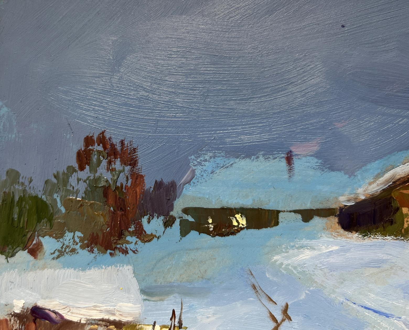 Cozy winter evening snowy landscape oil painting by Yuriy Suprunchuk