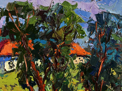 Vibrant Oleksiy Ivanyuk oil painting of summer fishing with green foliage and orange roofs