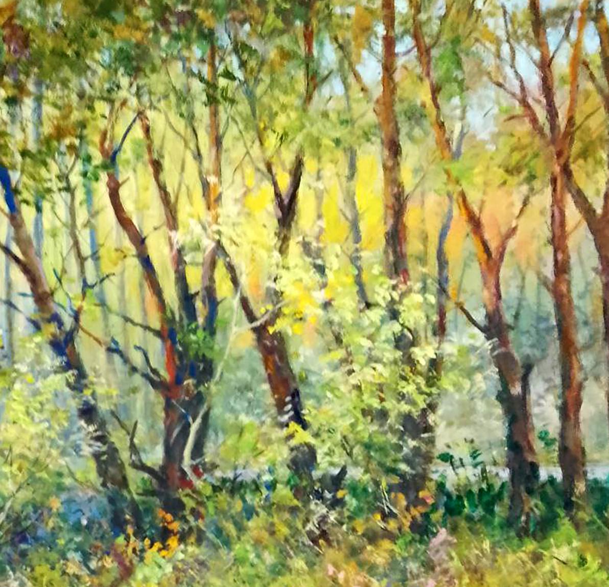 Vibrant impressionist oil painting of sunlit blooming forest by Vitaly Duhnevich