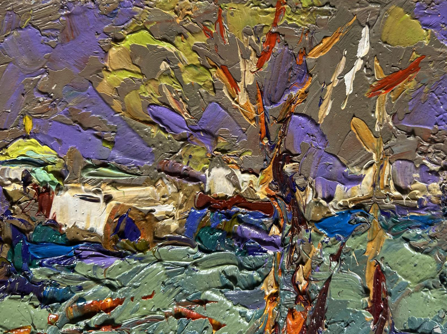 Oil painting Amazing evening by Oleksiy Ivanyuk with purple green orange strokes