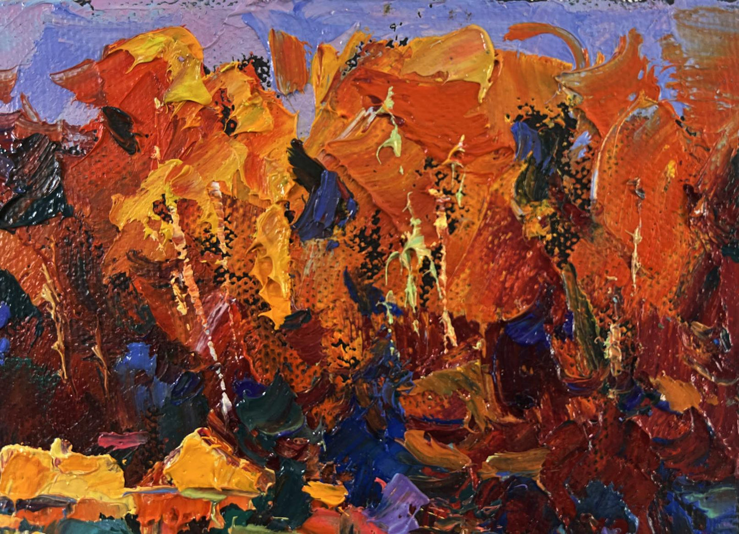 Vibrant oil painting Fires ignite darkness and silence by Oksana Ivanyuk