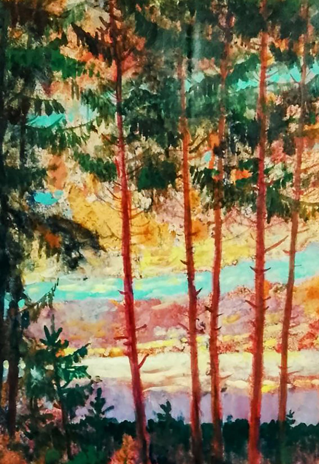 Vibrant impressionist oil painting of red clouds over forest by Vitaly Duhnevich