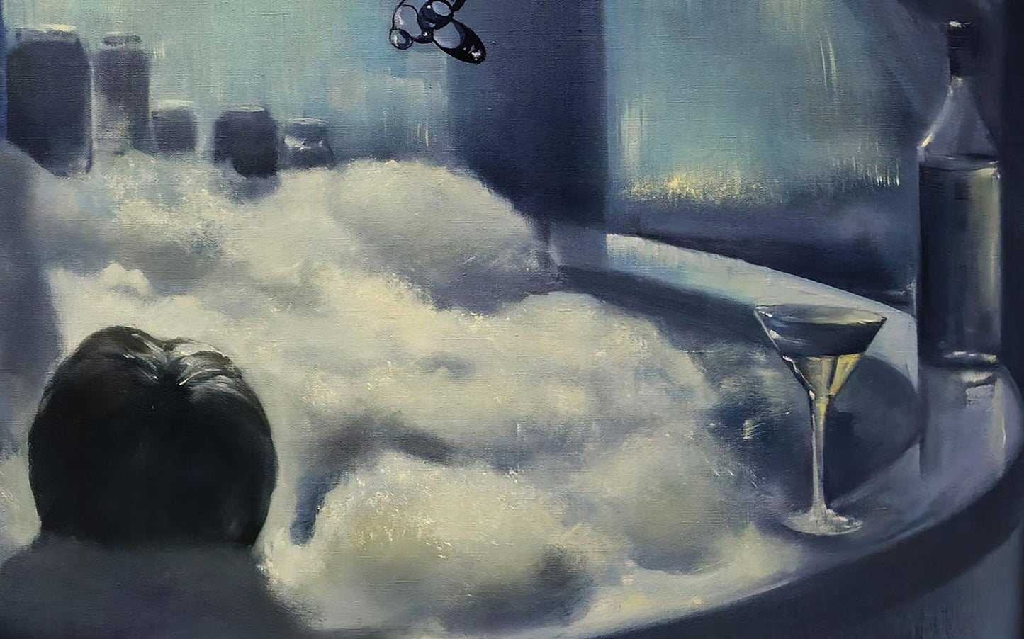 Oil painting by Igor Konovalov: glossy bottle by martini glass on bubbling bathtub