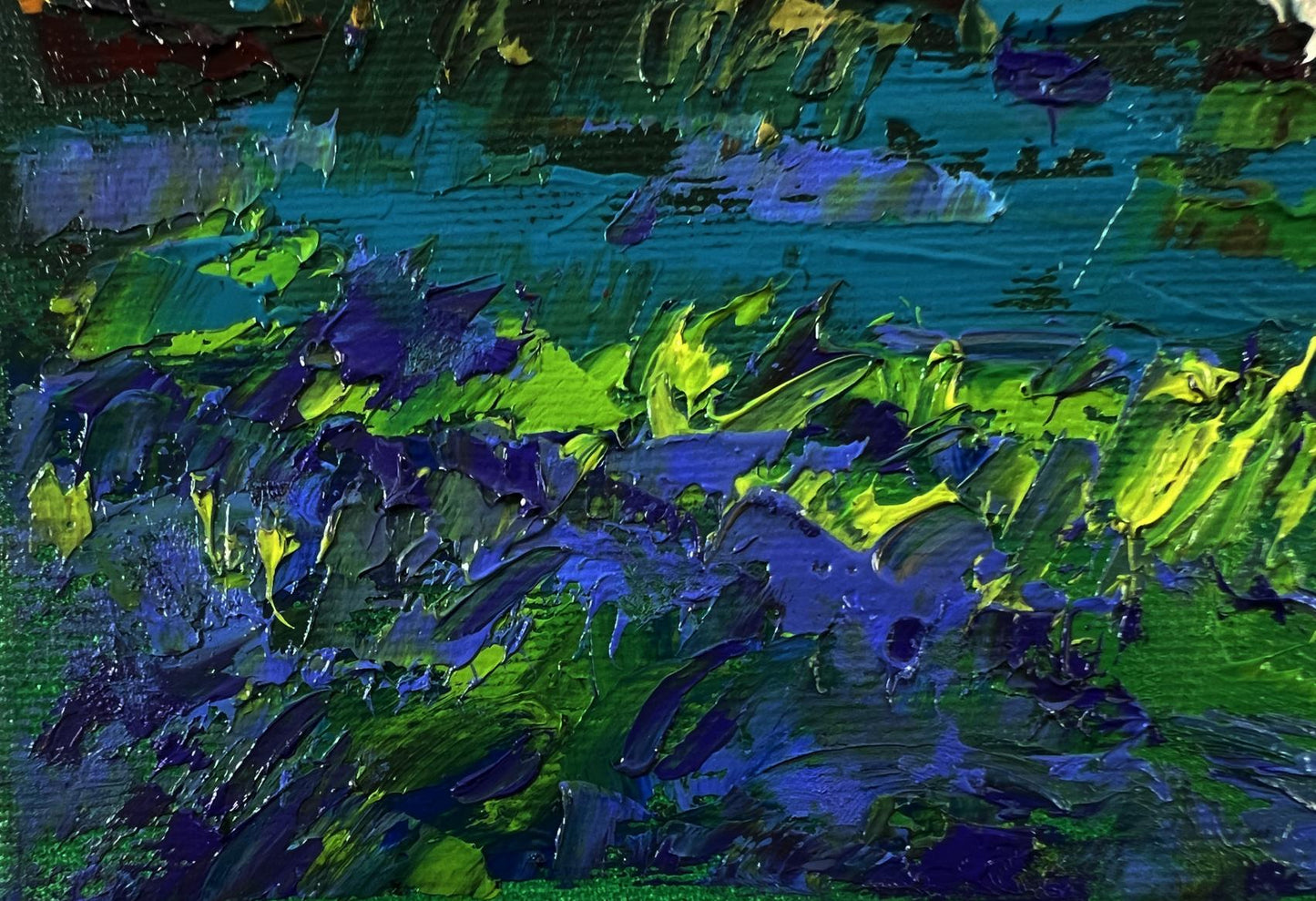 Oil painting Night Meadows by Oleksiy Ivanyuk, vibrant teal green purple abstract