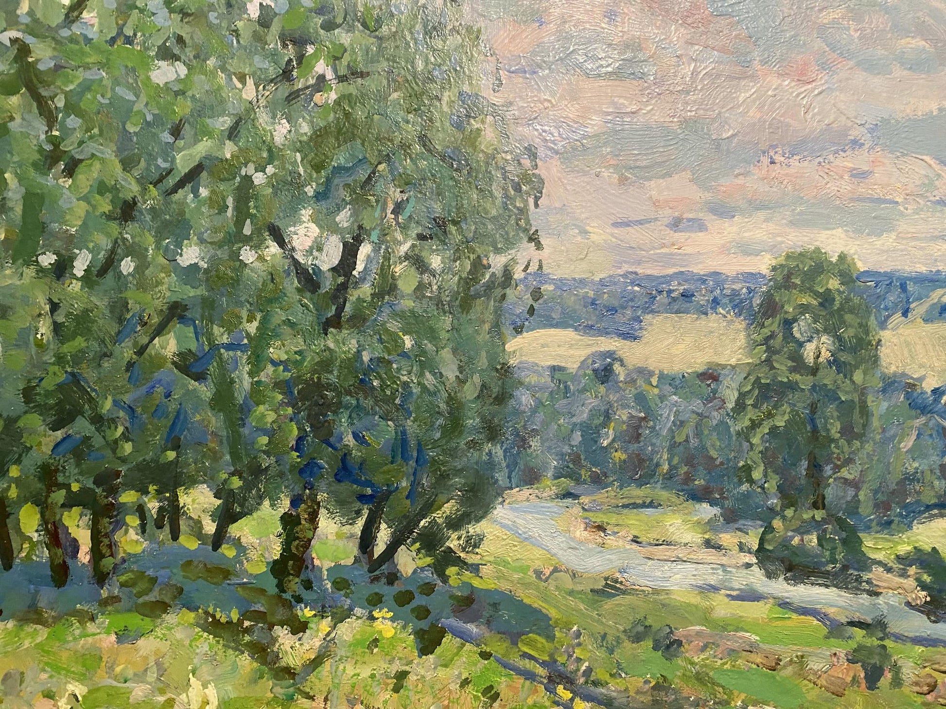 Vibrant impressionist oil painting Glade by Georgy Kolosovsky, sunlit countryside scene